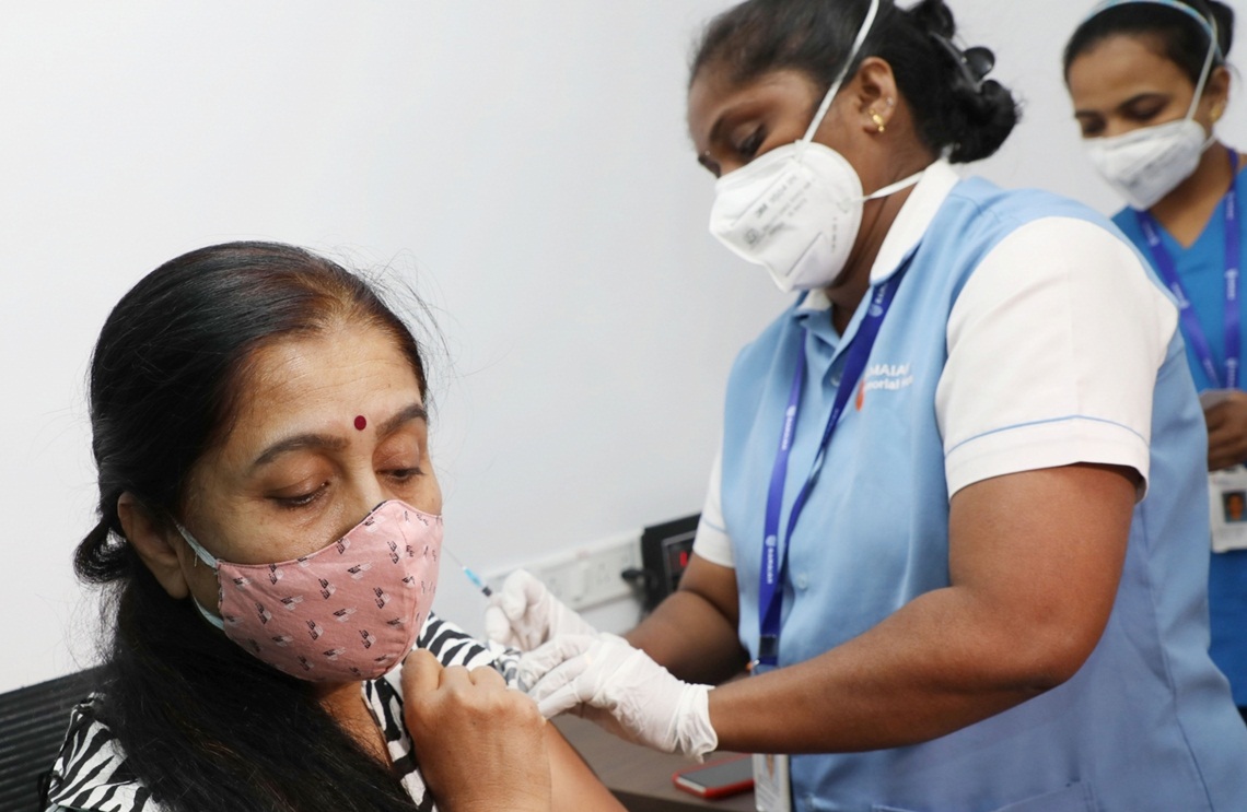 Bengaluru : An elderly citizen being administered the COVID-19 vaccine, during the second phase of countrywide inoculation drive, at a private hospital, in Bengaluru on Monday 1st March, 2021. (Photo: IANS)